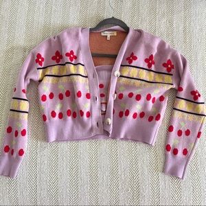 Cherry & Flower Pattern Cardigan Set With Crop Cami Knit Top